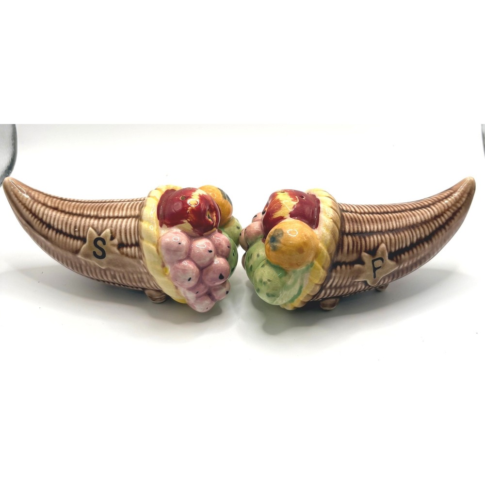 Vintage Cornucopia Salt and Pepper Shakers OS Brown Fruit Horn of Plenty Ceramic